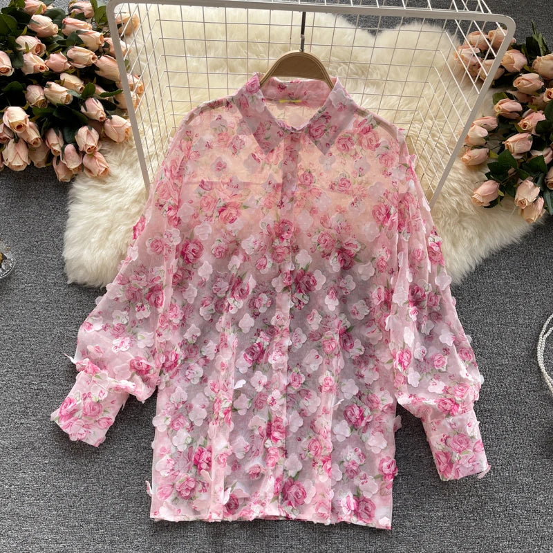 Clothland Sweet Appliqued Floral Blouse Suit Two Piece Pink Set Long Sleeve Shirts Mini Shorts Spring Set TZ228