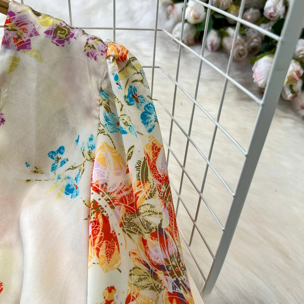Sexy Bodycon Satin Floral Long Dresses for Women Lantern Sleeve V-Neck Slim Mermaid Evening Party Dress Prom Robe New Vestidos