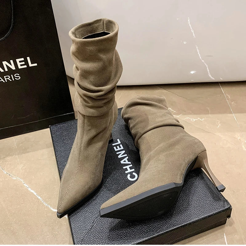High Heel Women Pleated Ankle Boots Fashion Pointed Toe Slip On Shoes Dancing Party Dress Short Botas De Mujer