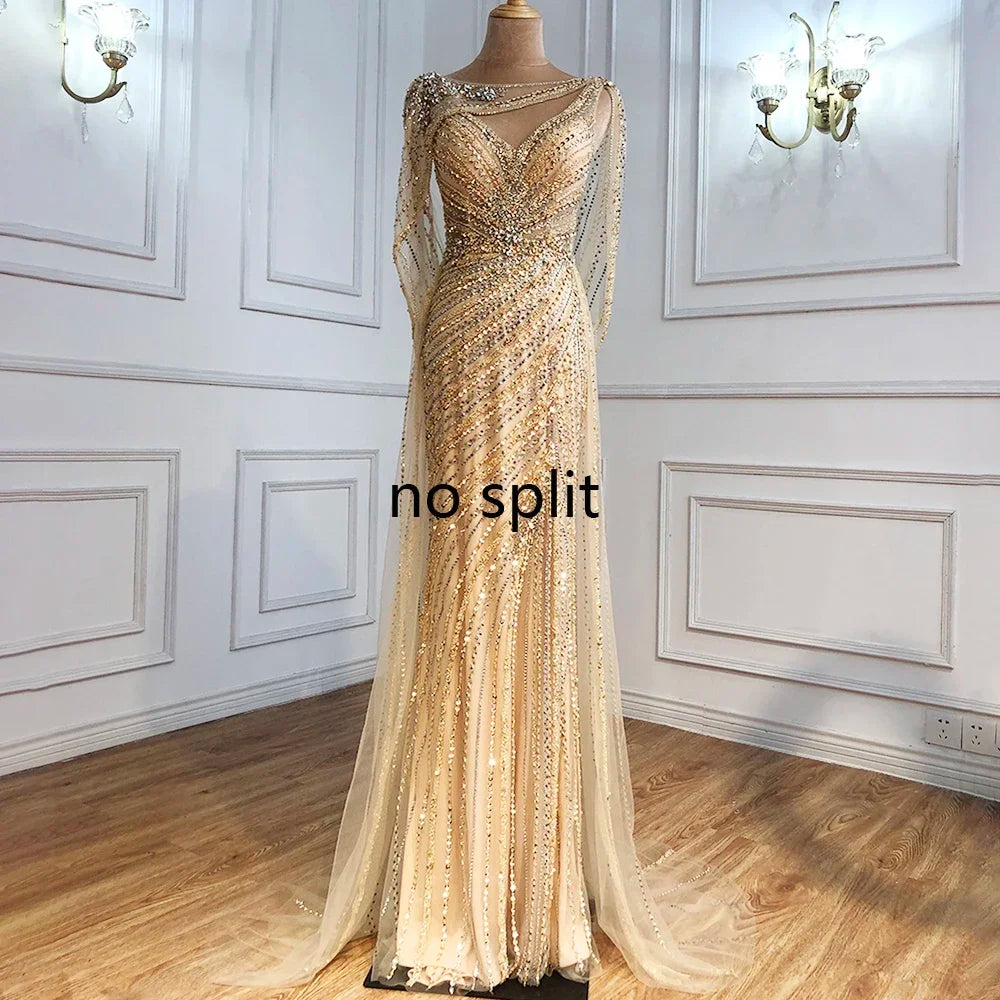 Luxury Champagne Split Evening Dresses 2024 Diamond Beaded Sleeveless Mermaid Formal Serene Hill LA70301