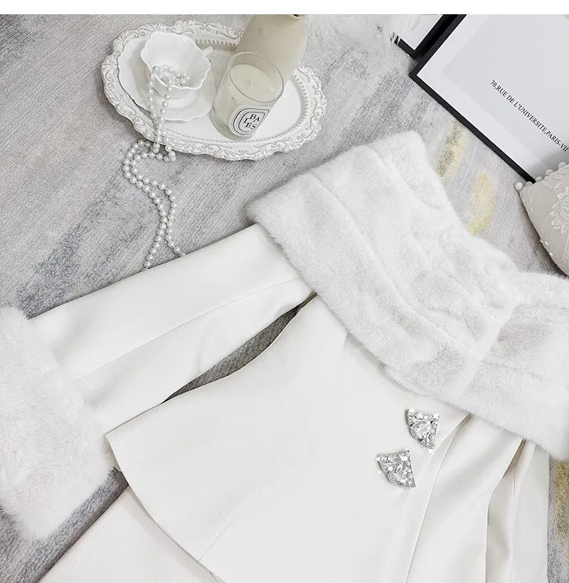 Off Shoulder Removable Faux Fur Shawl 2-Piece Set Elegant Luxury Old Money Style Set Coat+Hip Wrap Short Skirt Spring Female