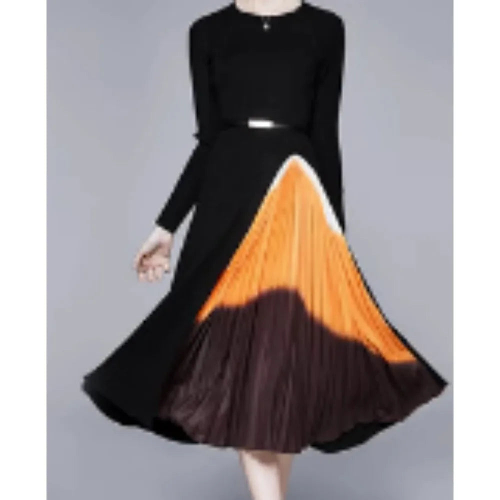 Elegant Chic Pleated Knit Dress French Long Sleeve Party Gothic A-line Vestidos High Waist Basic Slim Women Autumn Winter Dress