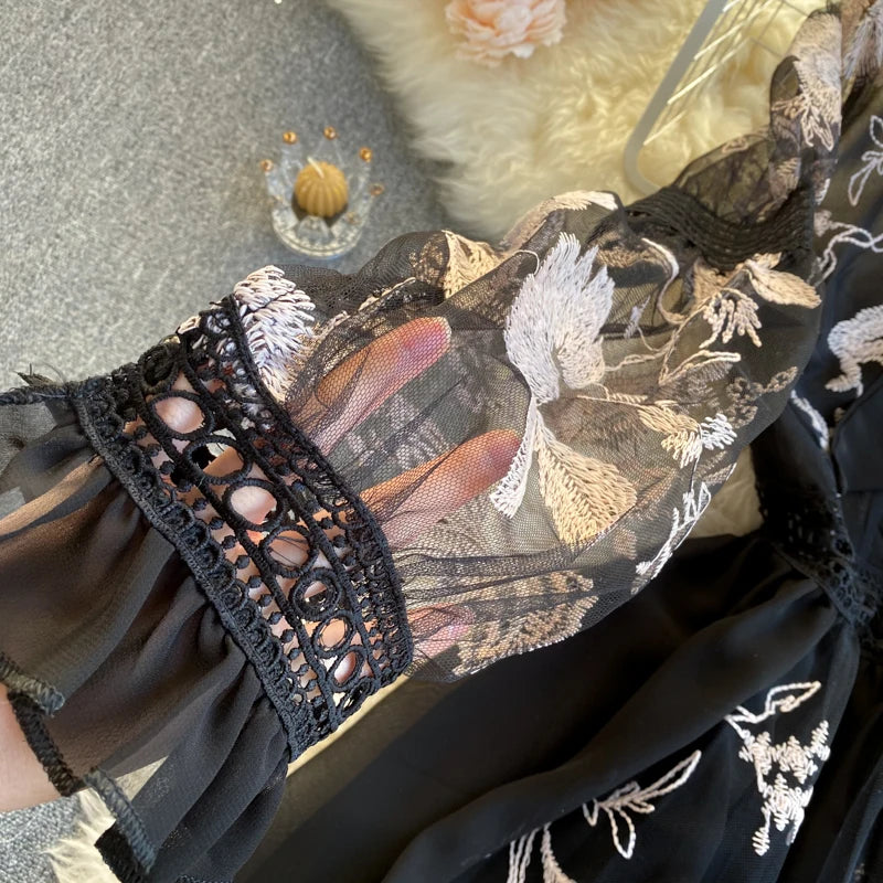 Retro Print Floral Embroidery Elegant Lace Up Dress A-line Long Sleeve Casual O-neck High Waist Dress Women Ceremonial Dress