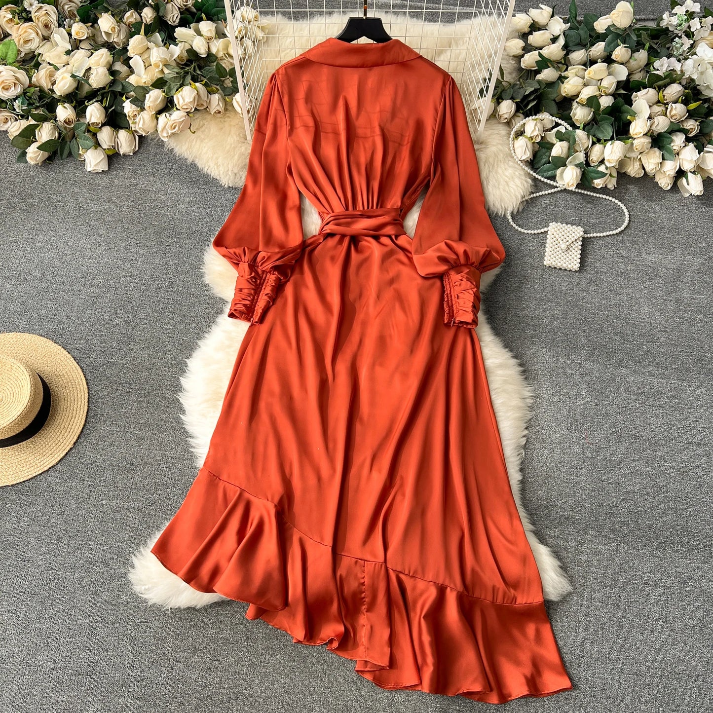 Women Elegant Satin Dress Summer Bandage High Waisted Ruffled Irregular Blazer Dresses Ladies A-line Vintage Party Long Robe