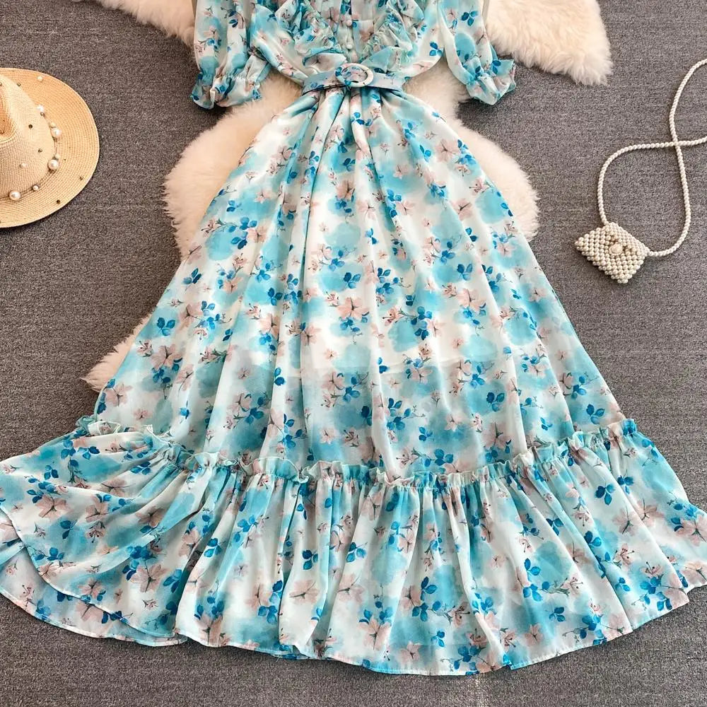 Summer Women Fashion Floral Print Casual Midi Dress Short Sleeve A-Line Maxi Boho Holiday Clothes Female Long Robe Mujers New