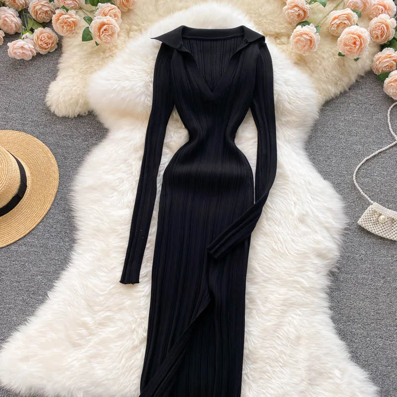 Women Chic Elegant Long Sleeve Split Bodycon Midi Dress Sexy French Fashion Knit Wrap Vestidos Elastic Slim Pencil Sweater Dress