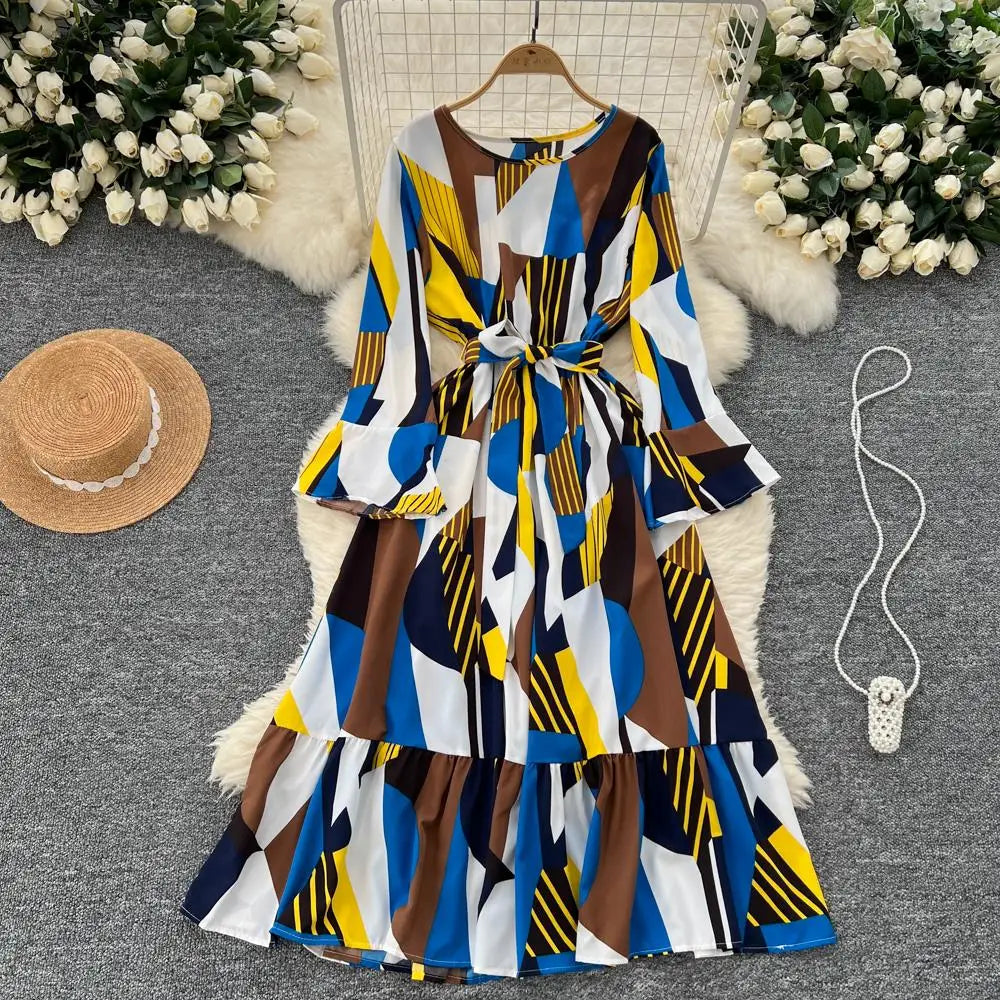 Women Vintage Print Dress for Women Autumn Flare Long Sleeves Lace Up Ruffles Slim Waist Evening Party Dresses A-Line Vestidos