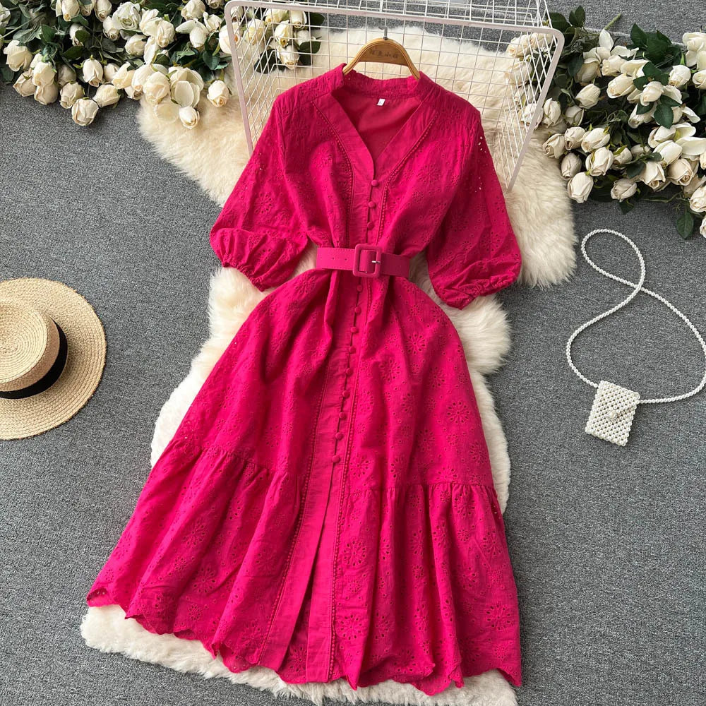 Summer V-neck Hollow Out Dress Women Bubble Sleeves Loose Embroidered Ruffle Edge Long Dresses Ladies Elegant Casual Long Robe