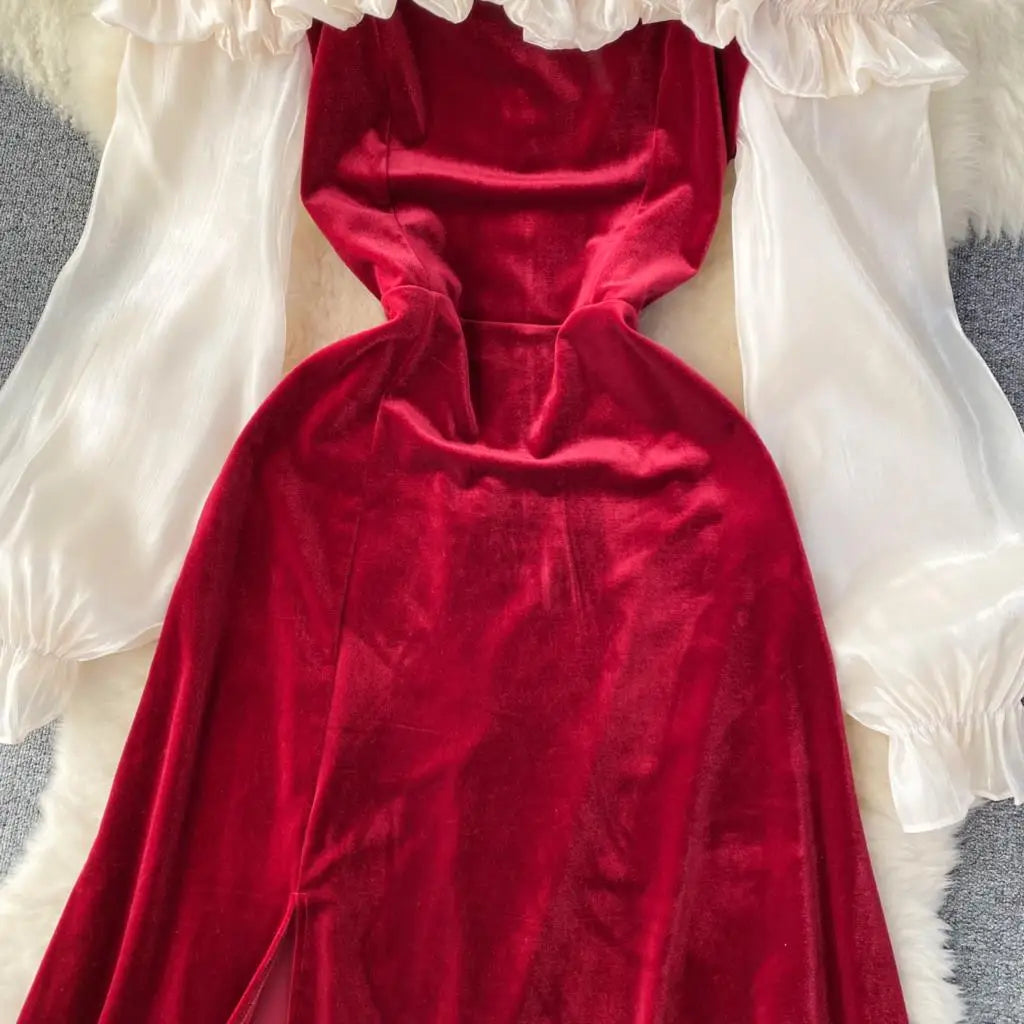 Sexy Bodycon Off Shoulder Party Dress Women Ruffles Velvet Patchwork Elegant Lady Fashion Prom Robe A-Line Vestidos Mujers New
