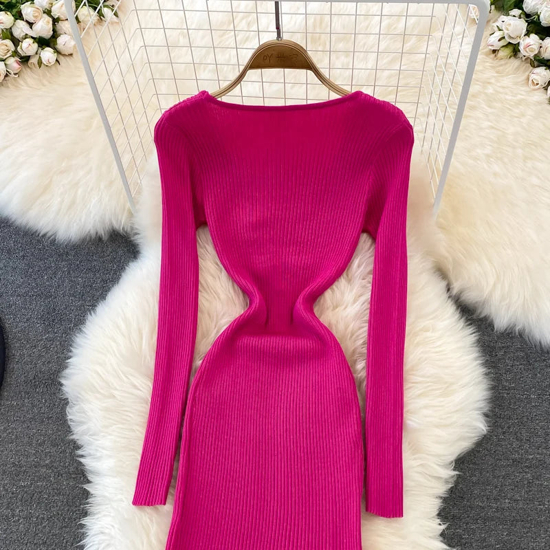 Chic V Neck Long Sleeve Elegant Mermaid Dress Sexy slim Evening Party French Fashion Knit Vestidos High Waist Autumn Slim Robe