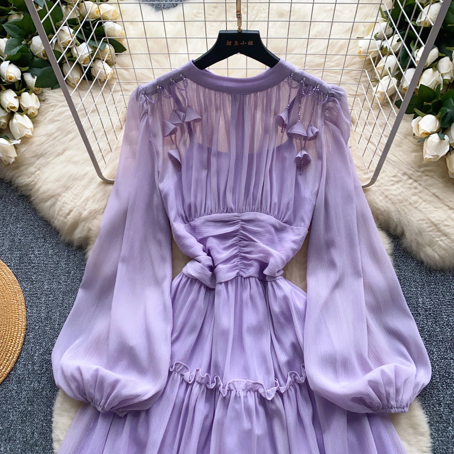 Elegant Tassel Beaded Lantern Sleeve Midi Dress Women French Stand Collar Slim A-Line Pleated Female One Piece Casual Mujer New