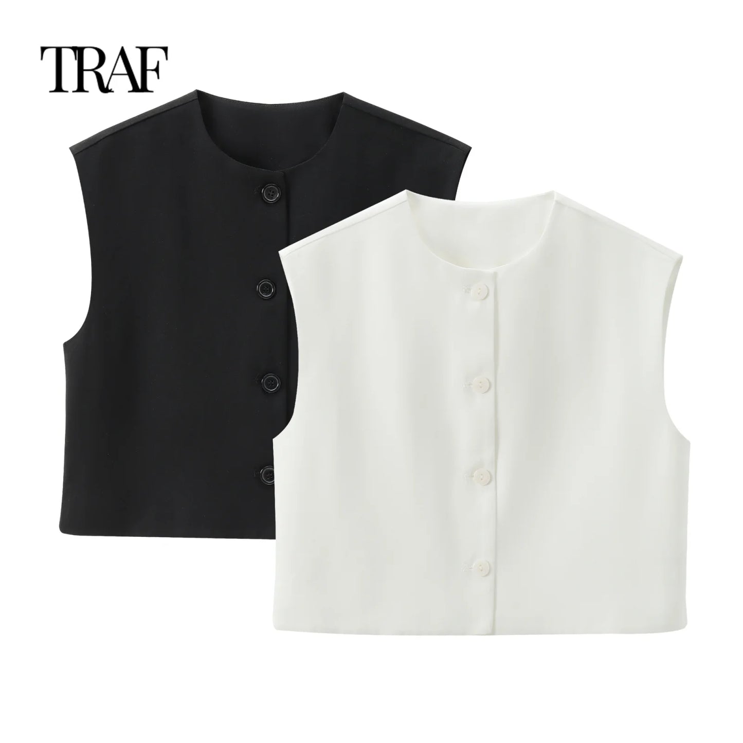 TRAF Women's Clothing Summer New Casual Sleeveless Round Neck Single-breasted Vest Style Shirt Chic Office Ladies Tops Mujer