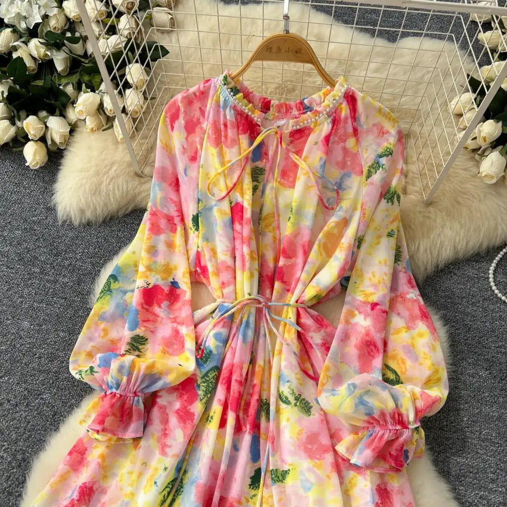 Elegant Floral Print Party Dress for Women French O-Neck Embroidered Flares Lace Up Lantern Long Sleeves Chiffon Long Dresses