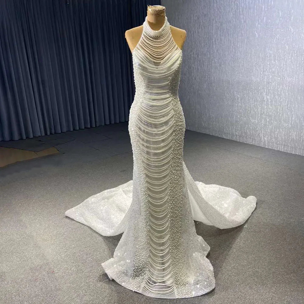 Serene Hill White champagne Mermaid Lace Up Luxury Pearls Beaded Bride Gowns Wedding Dress 2024 High End Custom Made HM231033