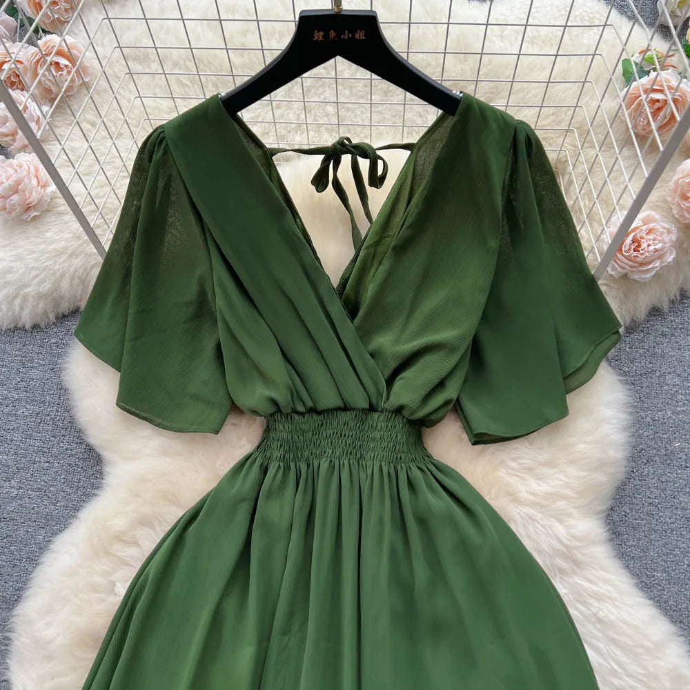 Vintage Elegant V-neck chiffon Dress A-line Fashion Beach Spring Summer Vestidos Women Bandage Sweet dresses