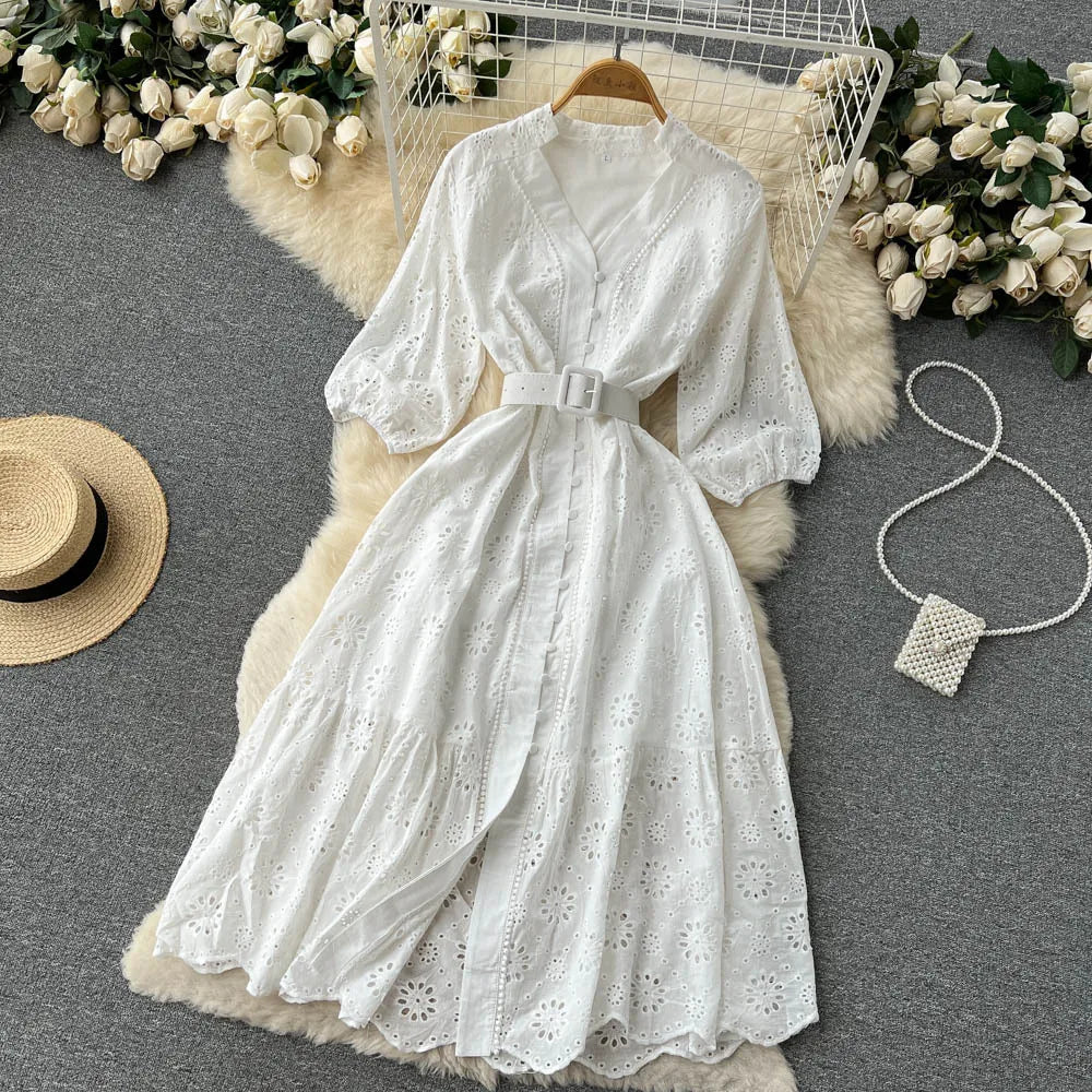 Summer V-neck Hollow Out Dress Women Bubble Sleeves Loose Embroidered Ruffle Edge Long Dresses Ladies Elegant Casual Long Robe