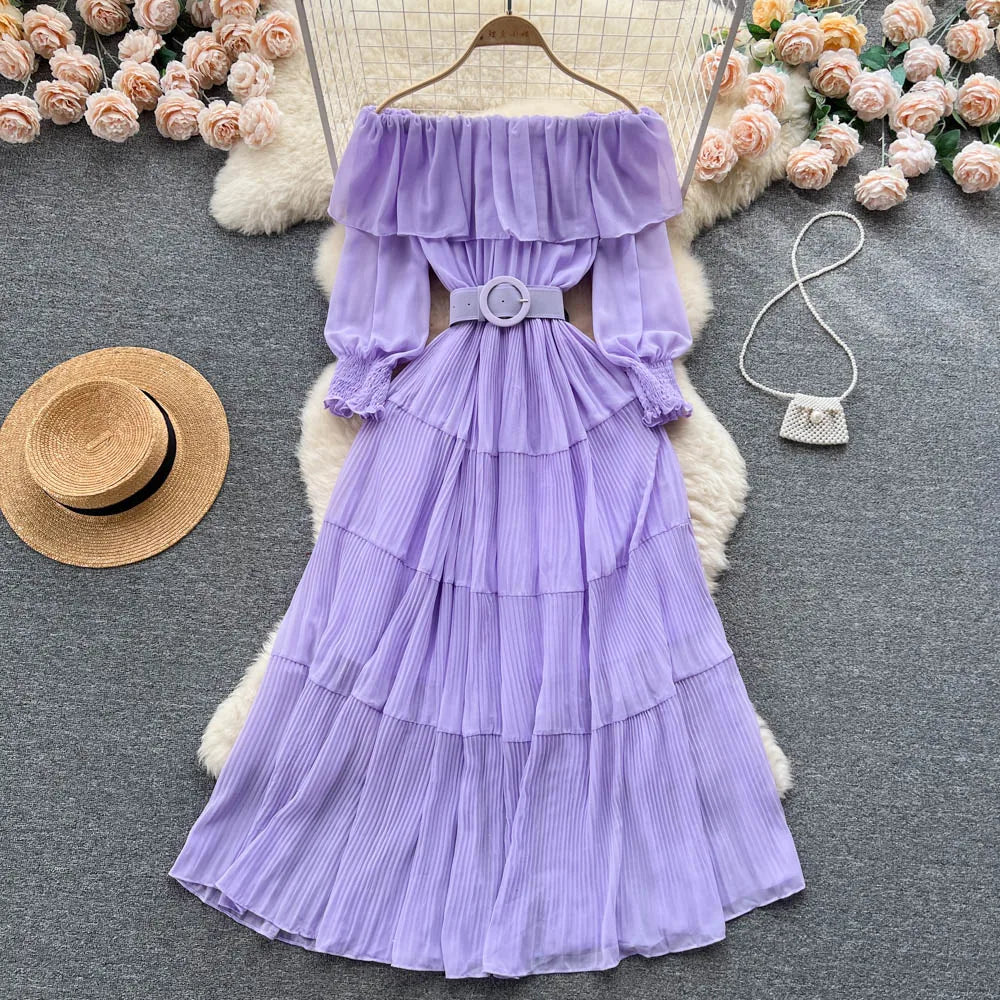 Vintage Pleated Slash Neck Off Shoulder High Waist Dress Long Sleeve Dress Chic Summer Beach Vestidos Women Vacation Sundress
