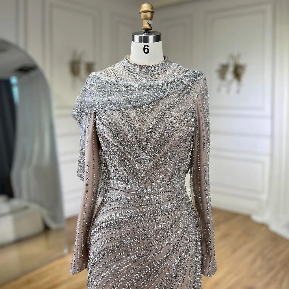 Serene Hill 2024 Muslim Silver Nude Beaded Sparkle Elegant Luxury Mermaid Evening Dresses Gowns for Women Party LA70752H