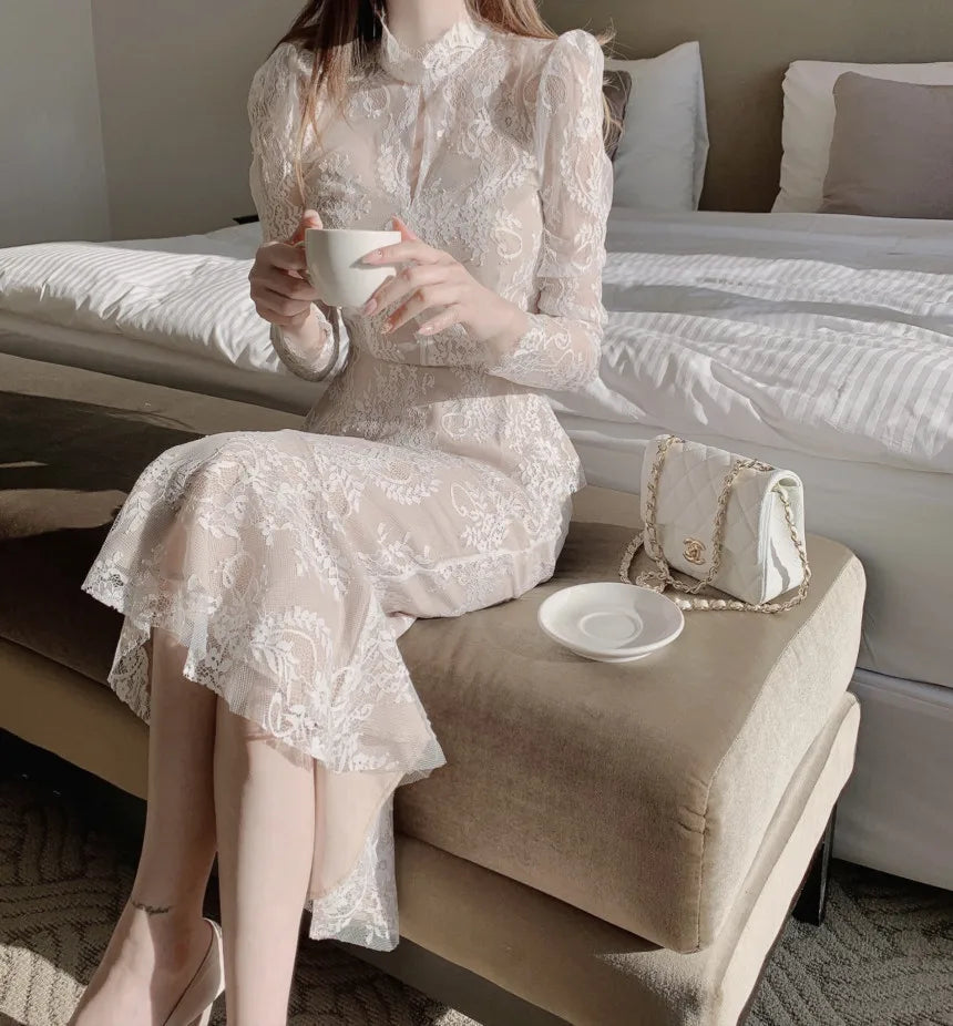 Elegant and Slim fitting Semi Transparent Lace Set Women's Spring Temperament Long Sleeved Top+Long Fishtail Skirt Two-piece