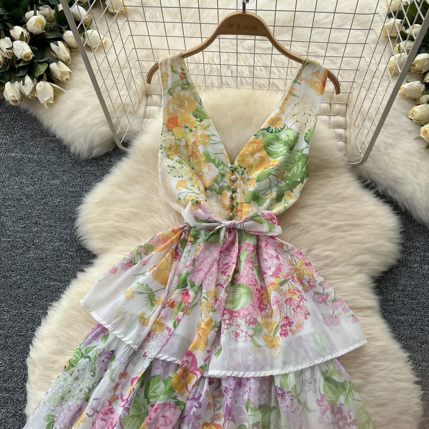 Vintage Print Elegant Sleeveless A-line Vneck Ruffle Bandage Dress Casual Women Fashion Autumn Spring Dress