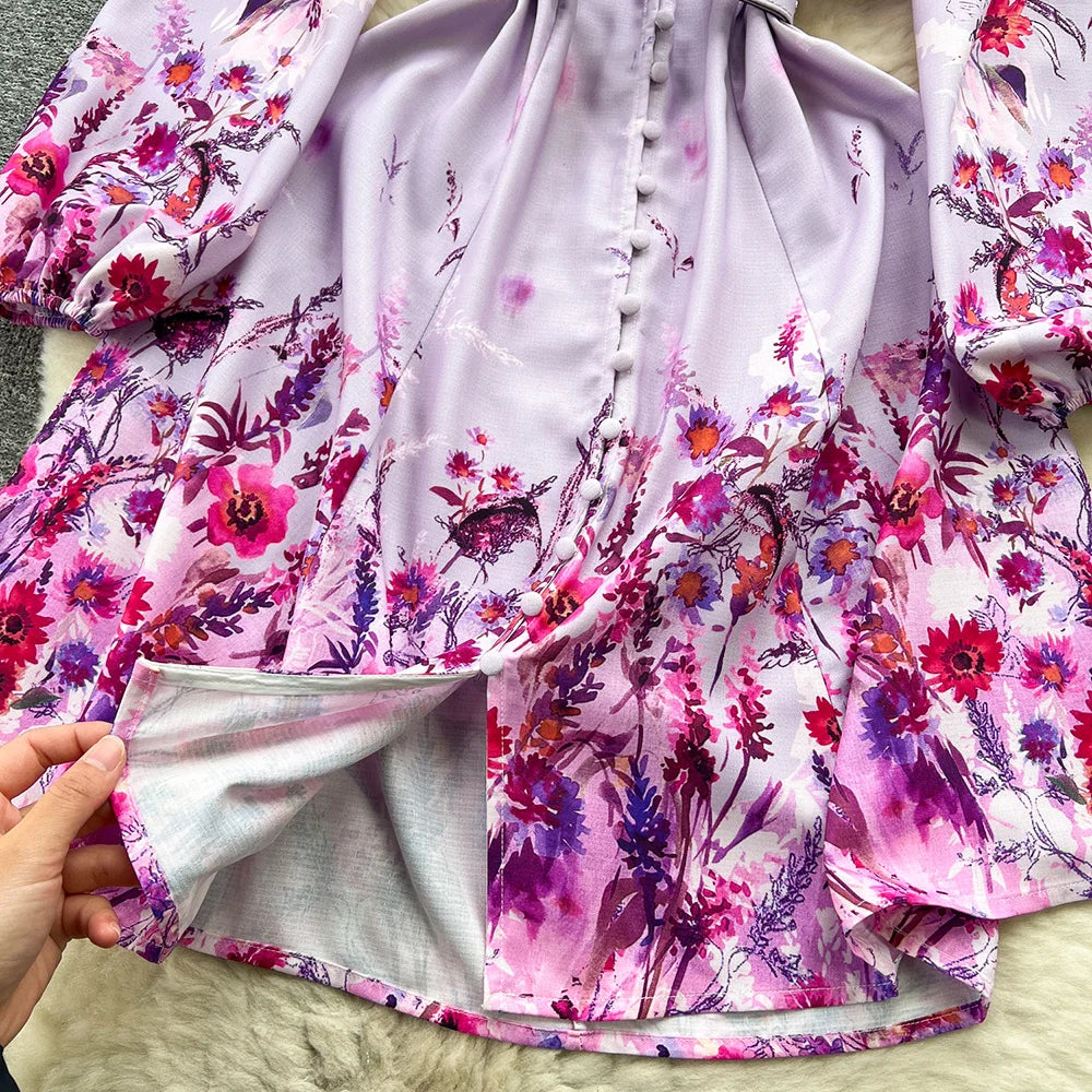 Spring Dresses 2024 Women Clothing Long Sleeve Party Elegant Dress With Belt Stand Collar Vintage Floral Print Holiday Dress