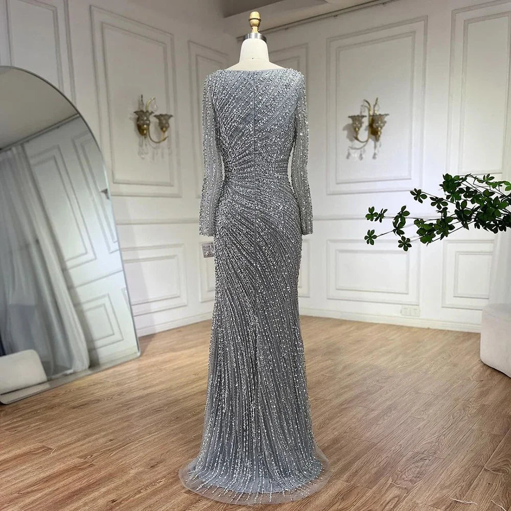 SERENE HILL 2024 Arabic Dubai Silver Gray Beaded Mermaid Evening Dresses Long Sleeves Gown With Skirt For Women Party GLA71618L