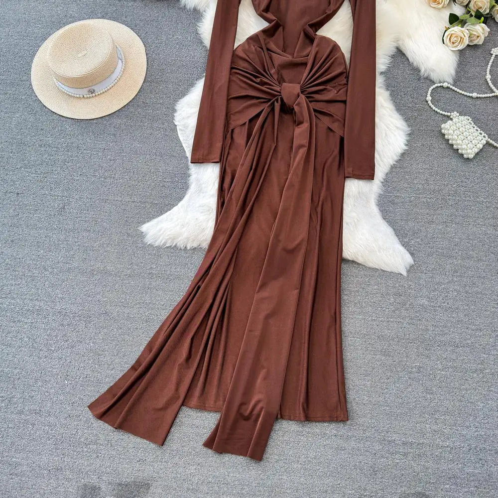Autumn Solid Long Sleeve Party Dress for Women Sexy Bodycon Stand Collar Evening Dresses Bow Bandage Pleated Slim Waist Vestidos
