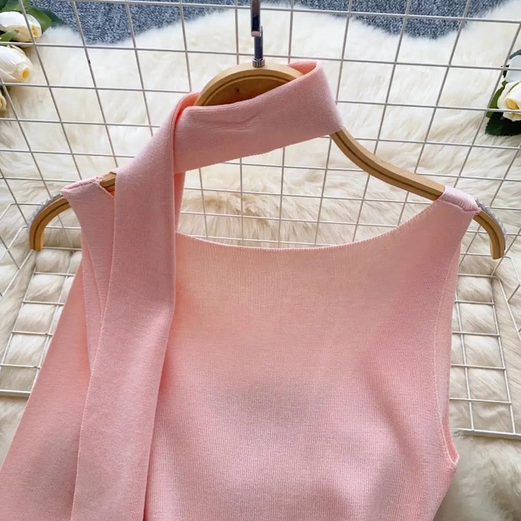 Sexy V-Neck Knitted Mini Dress for Women Elegant Spaghetti Strap Ribbon Slim Dresses One Piece Solid Female Clothes Autumn New