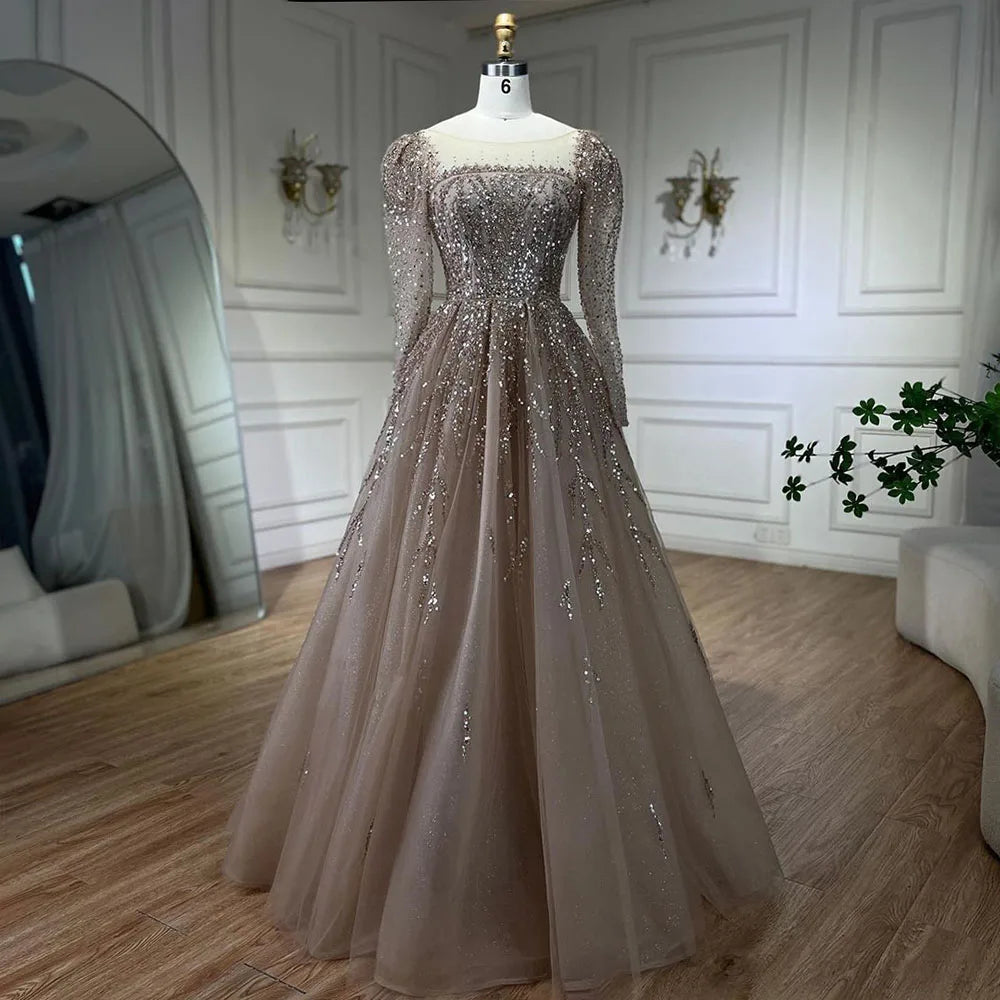 Serene Hill Muslim Pink A Line Beaded Luxury Dubai Long Evening Dresses Gowns 2024 For Woman Wedding Party LA71915