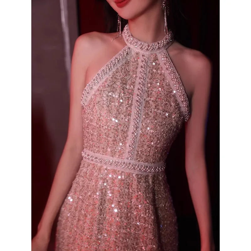 Trendy Small Fragrant Tweed Sleeveless Mini Dress luxurious Elegant Women Pearl Beading Sequin Halter Evening Dresses Summer New
