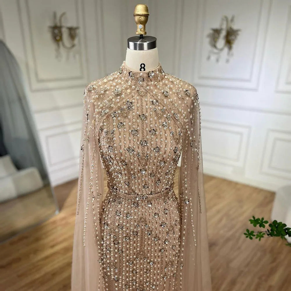 SERENE HILL 2024 Arabic Nude Mermaid Cape Long Sleeves Luxury Beaded Evening Dresses Formal Gowns Women Wedding Party GLA72372
