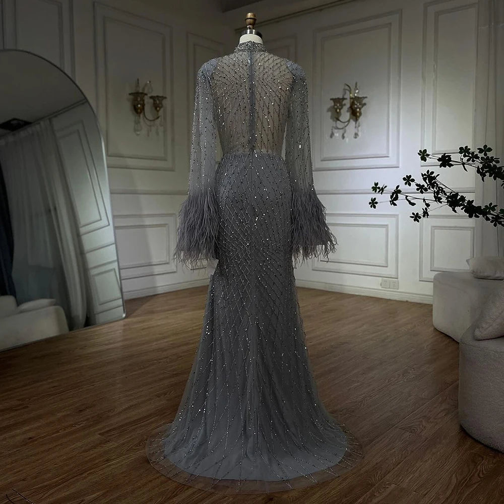 Serene Hill 2024 Women Wedding Party Dubai Gowns Nude Illusion Cut Out Lace Beaded Feathers Mermaid Long Evening Dresses LA72394