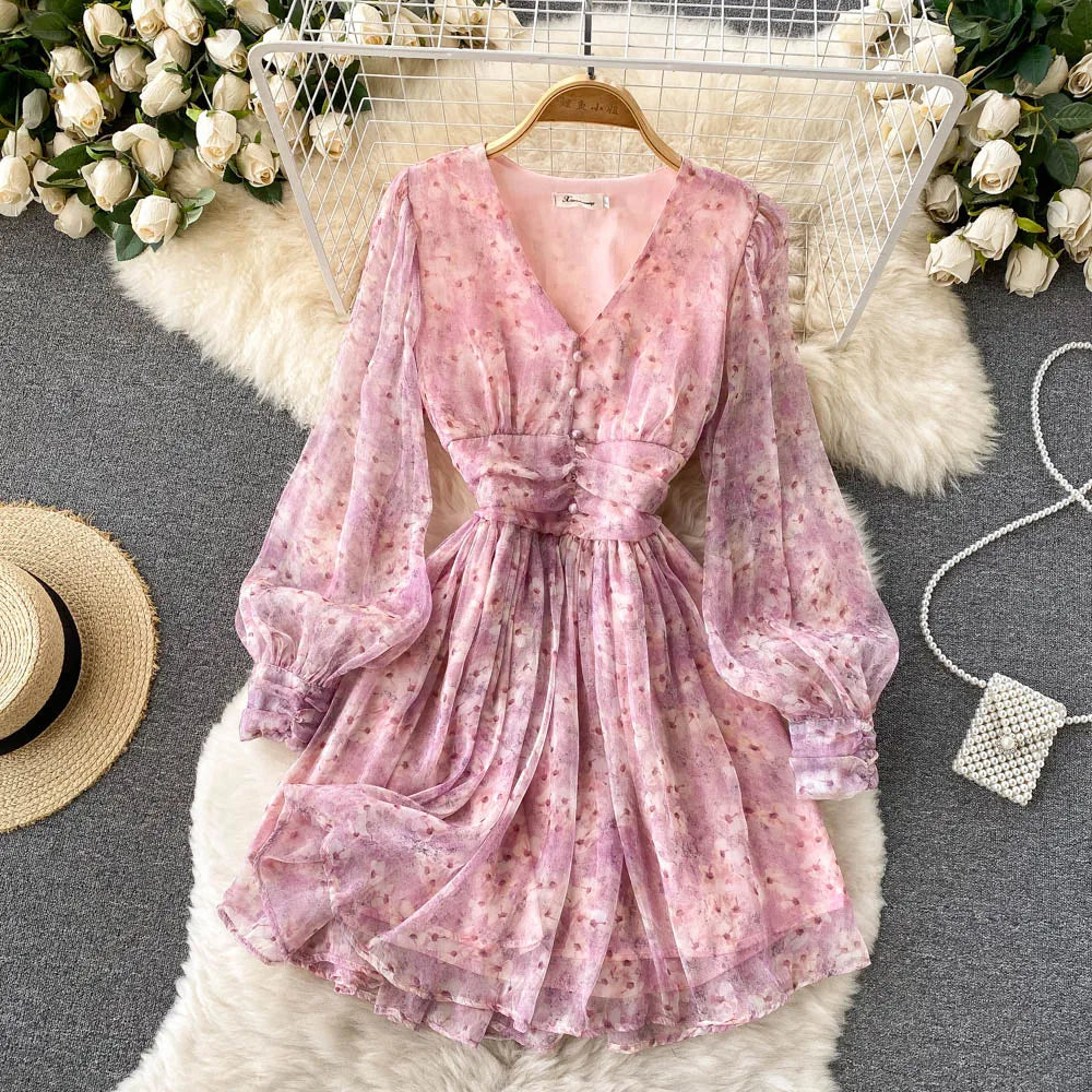 Vintage Floral Print Pleated Elegant Puff Sleeve Dress A-line Chiffon Beach Vacation casual Dress Women Summer Spring Vestidos