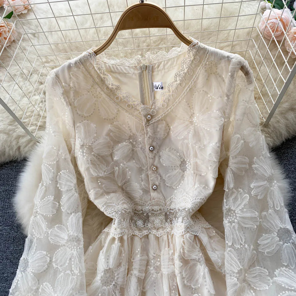 Elegant and Chic Women Fashion Lace Midi Party Dress Spring Vintage A-Line Solid Birthday Prom Vestidos Female Clothes Robe New