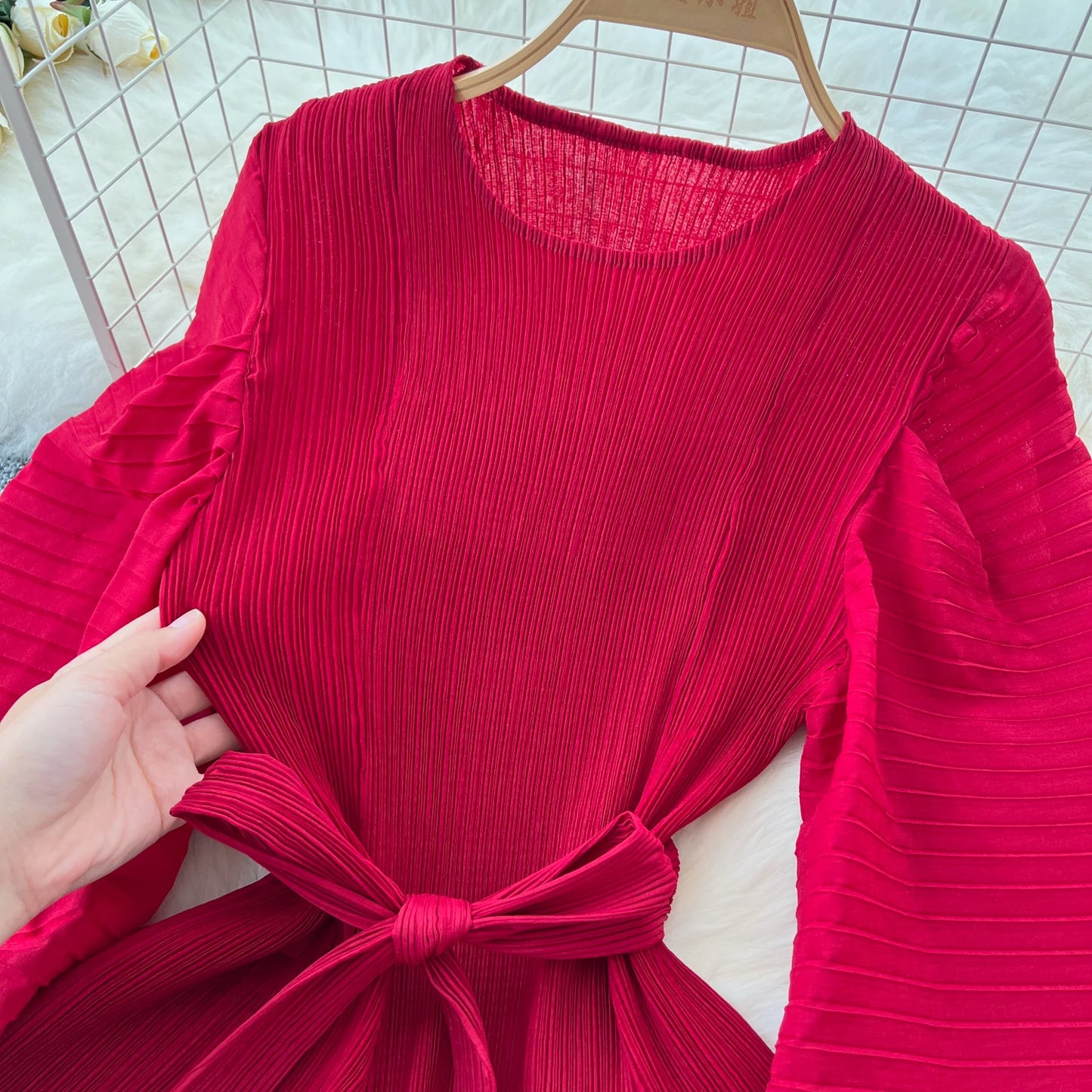 Vintage Elegant Lantern Sleeve Sweet Pleated Dress Women Basics Fashion Summer Spring Dresse