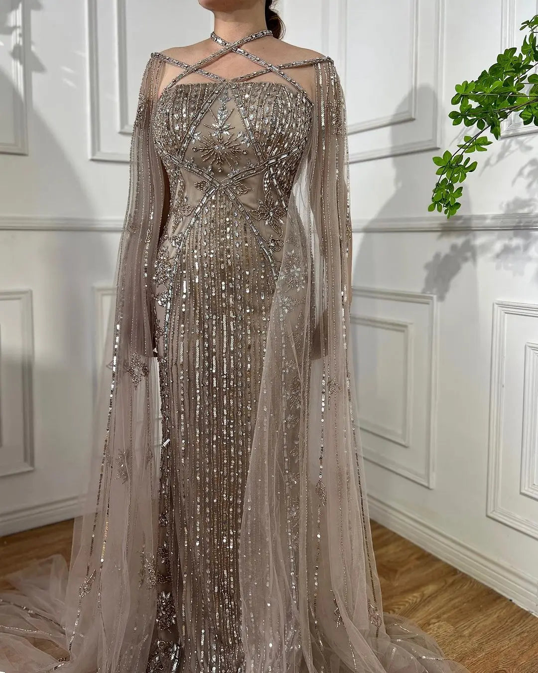 SERENE HILL Arabic Caramel Mermaid Elegant Cape Sleeves Beaded Luxury Evening Dresses 2024 Formal Gown For Women Party GLA71905A