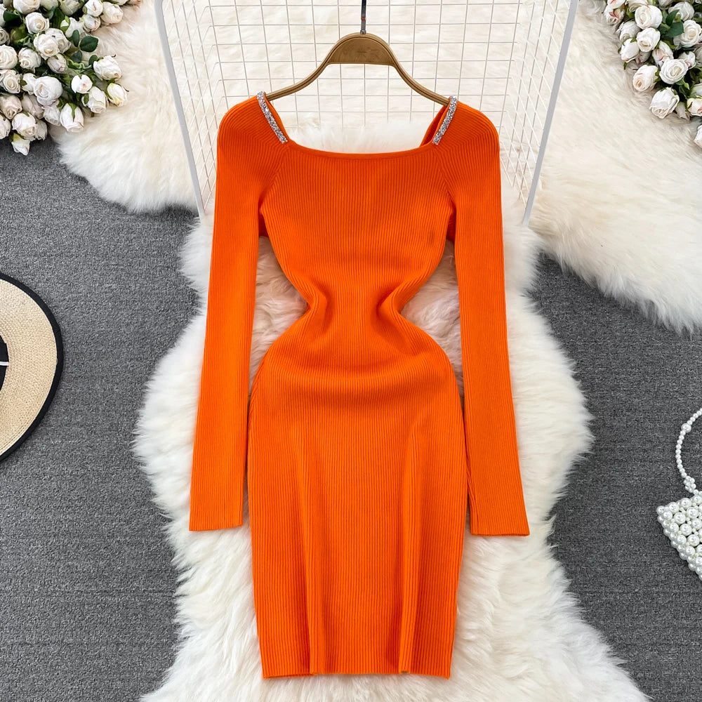 Chic Elegant Glitter V Neck Long Sleeve Elastic Bodycon Dress Sexy Fashion Knit Pencil Vestidos Slim Autumn Winter party robe