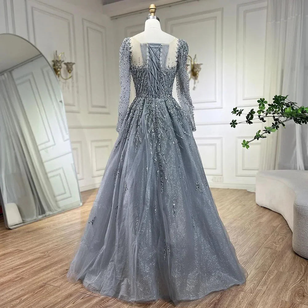 Serene Hill Muslim Pink A Line Beaded Luxury Dubai Long Evening Dresses Gowns 2024 For Woman Wedding Party LA71915