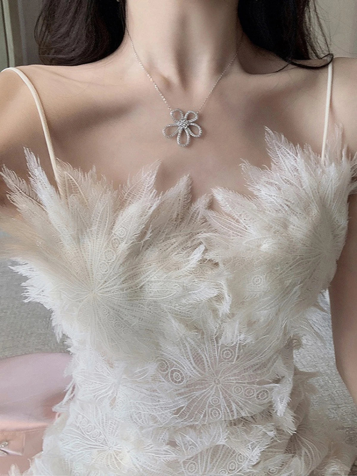 French White Feather Lace Flower Fairy Dress Hollow out Sexy Waist Wrapped Chiffon Hanging Spaghetti Strap Dresses Summer