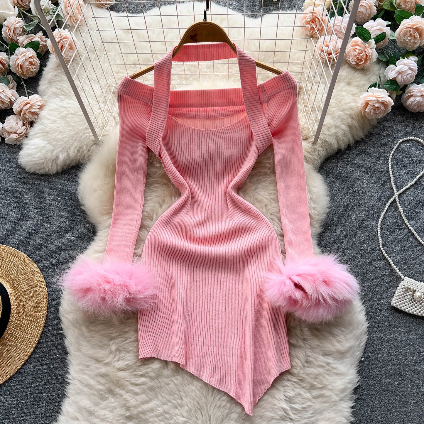 Chic Sexy Halter Bandage Irregular Bodycon Dress Fluffy Long Sleeve Knit Birthday Dress Autumn Winter Pencil Sweater Vestidos