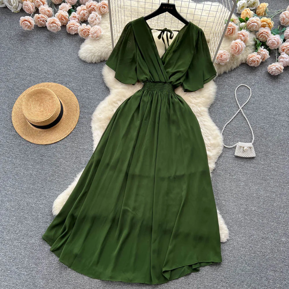 Vintage Elegant V-neck chiffon Dress A-line Fashion Beach Spring Summer Vestidos Women Bandage Sweet dresses