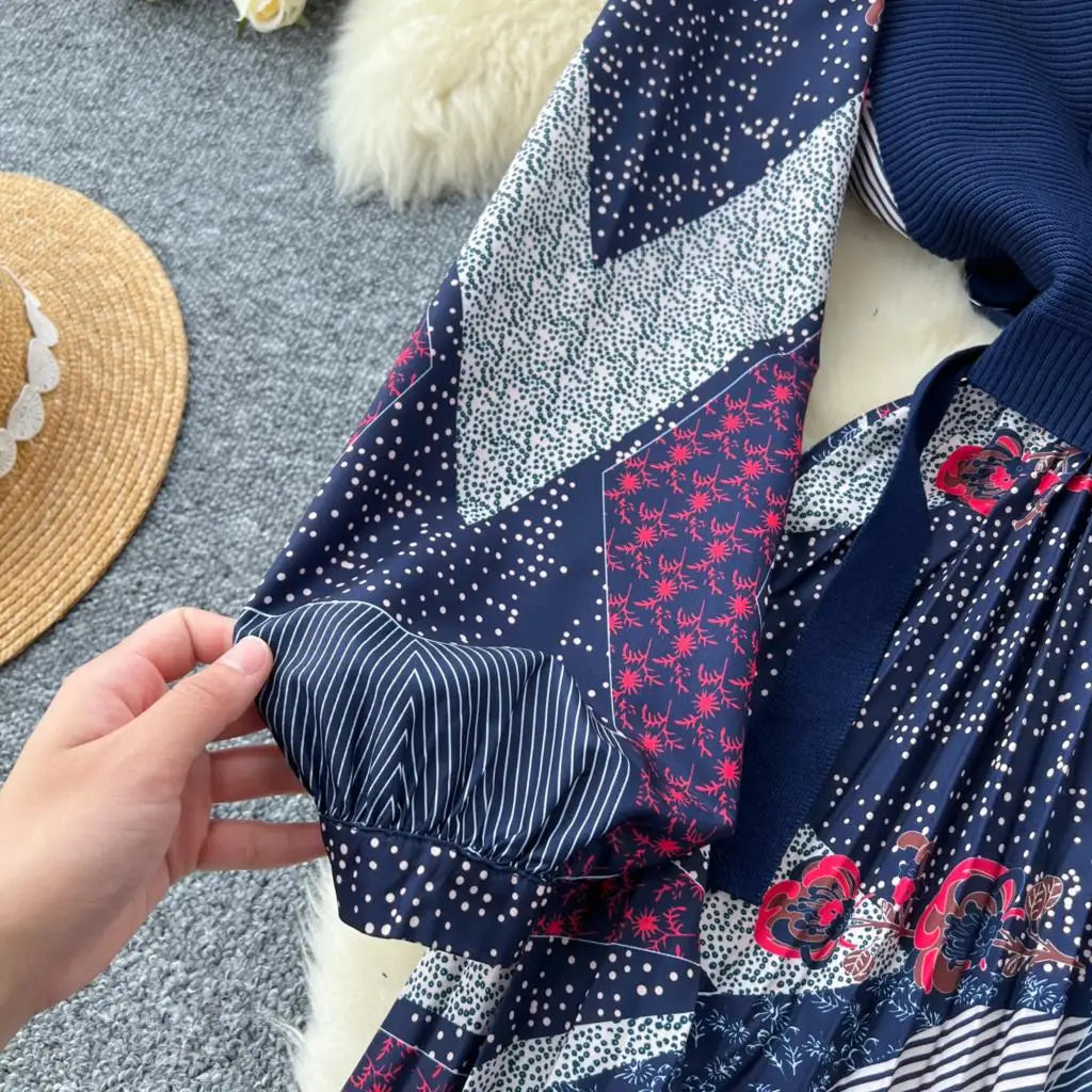 French Vintage Patchwork Print Knitted Dress Elegant and Chic Boho Beach Holiday Dresses A-Line Slim Waist Pleated Vestidos New