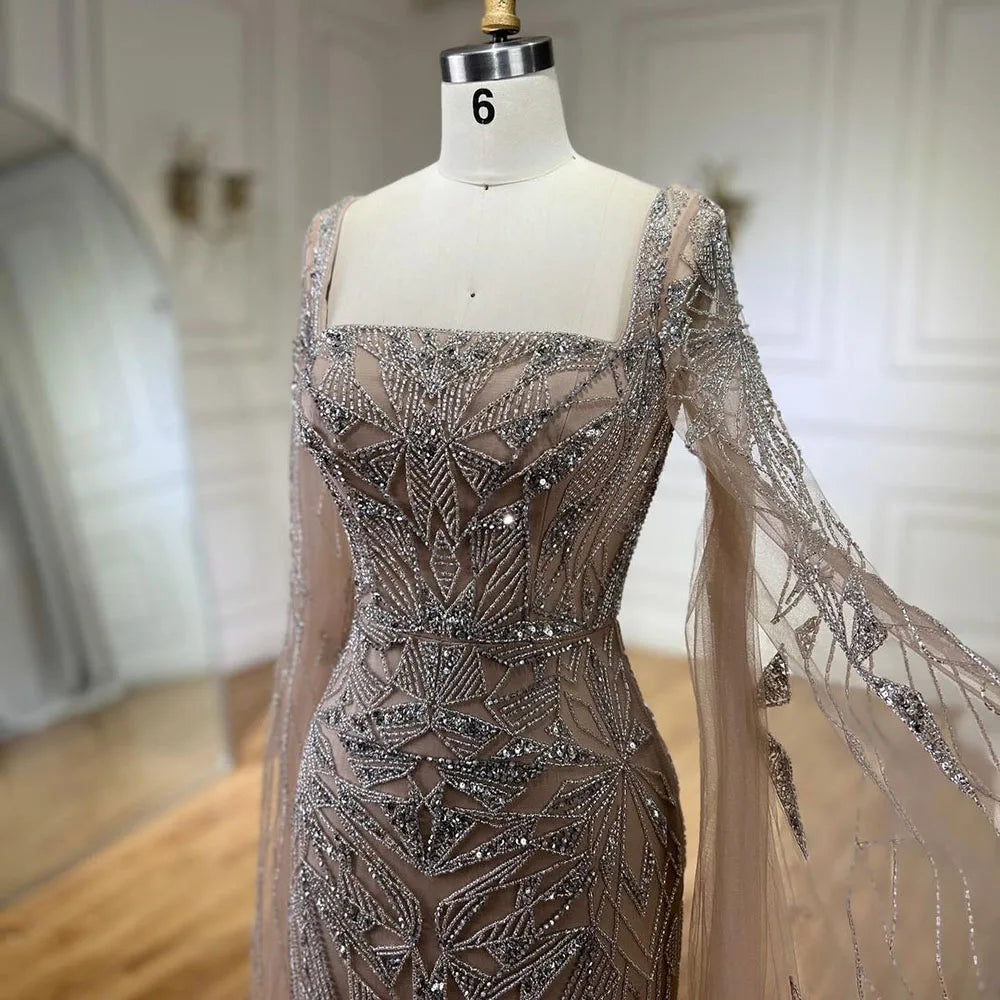 SERENE HILL 2024 Arabic Nude Cape Sleeves Mermaid Dubai Evening Dresses Beaded Luxury Wedding Party Gowns For Women GLA72261