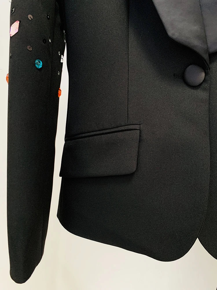 HIGH STREET Newest 2024 Designer Runway Fashion Suit Set Women's Slim Fitting Strass Diamonds Beaded Blazer Pants Set