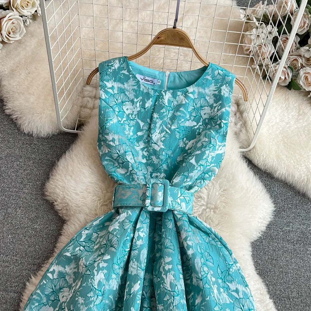 Women Vintage Floral Dresses Summer Slim A-line Sleeveless Party Dresses Ladies Elegant O-neck Casual Midi Dress Vestidos
