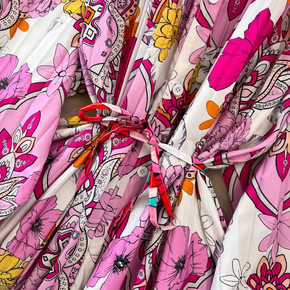 Elegant Women Casual Floral Print Party Dress Vintage Lantern Sleeve A-Line Pleated Prom Birthday Clothes Female Fashion Robe