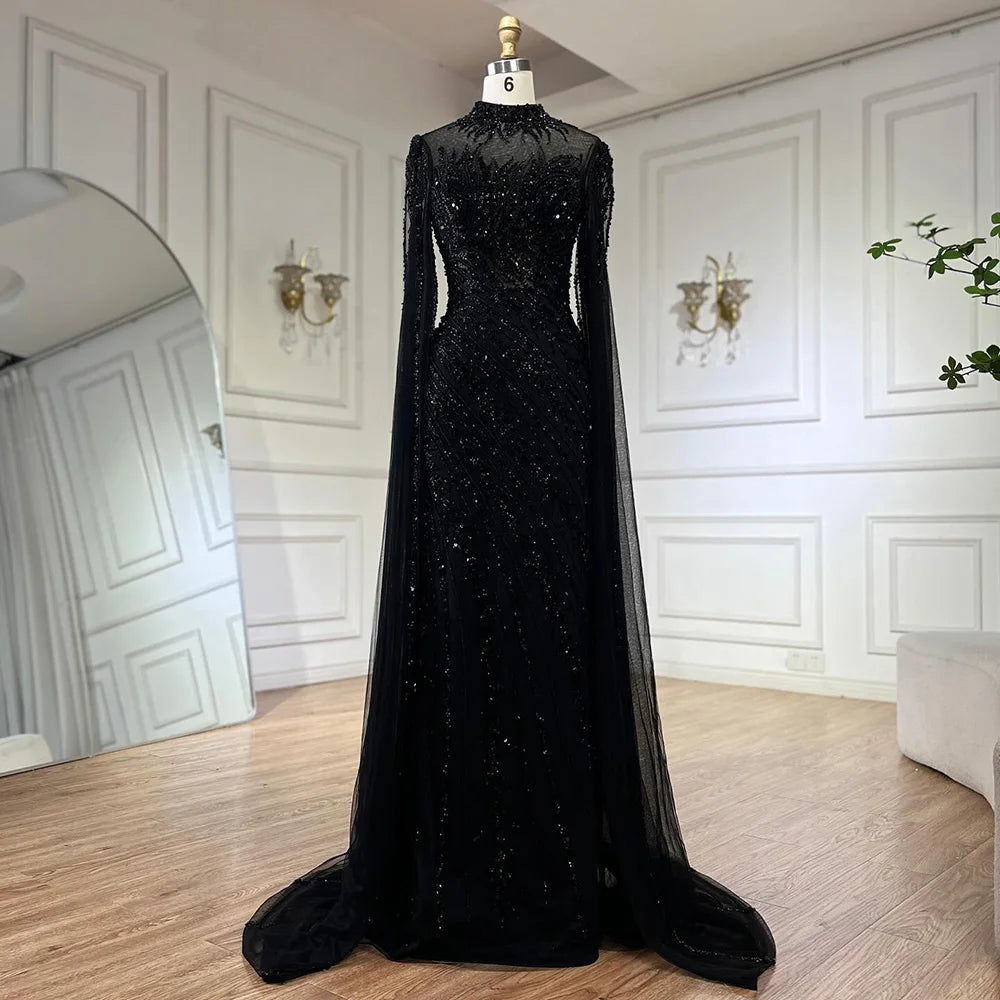 Serene Hill 2024 Nude Cape Sleeves Mermaid Lace Beaded Luxury Dubai Long Evening Dresses Gowns For Formal Occasion LA71885A