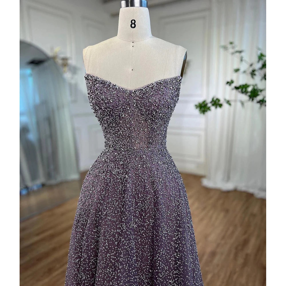 Serene Hill Arabic Luxury Purple A-Line Elegant Strapless Beaded Evening Dresses Long for Woman Wedding Party LA72147