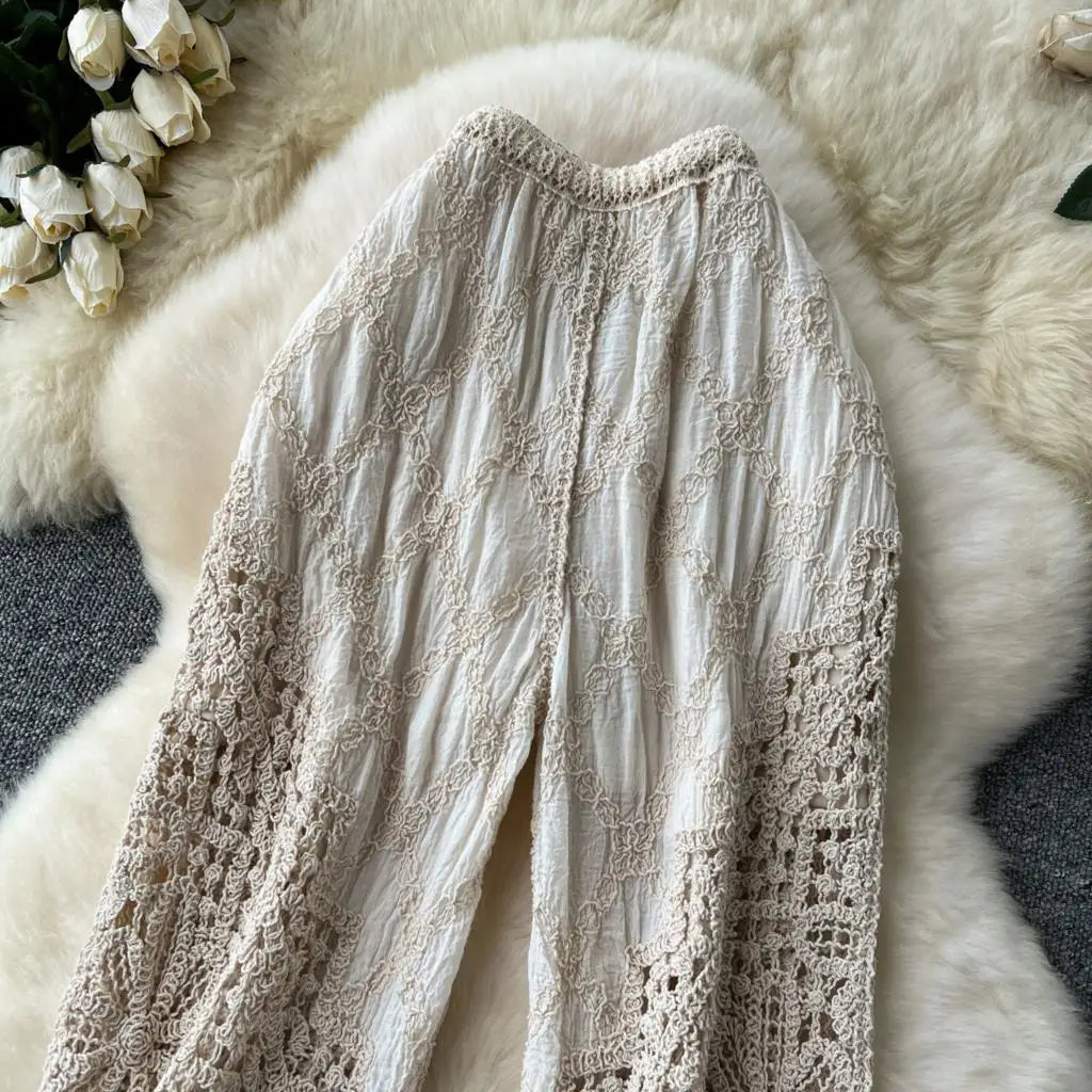 Korean Fashion Women Knitting Trousers Autumn Embroidery Splice Hollow Out High Waist Loose Casual Beach Long Wide Leg Pants New