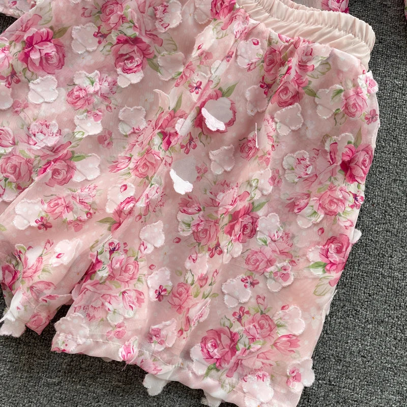 Clothland Sweet Appliqued Floral Blouse Suit Two Piece Pink Set Long Sleeve Shirts Mini Shorts Spring Set TZ228
